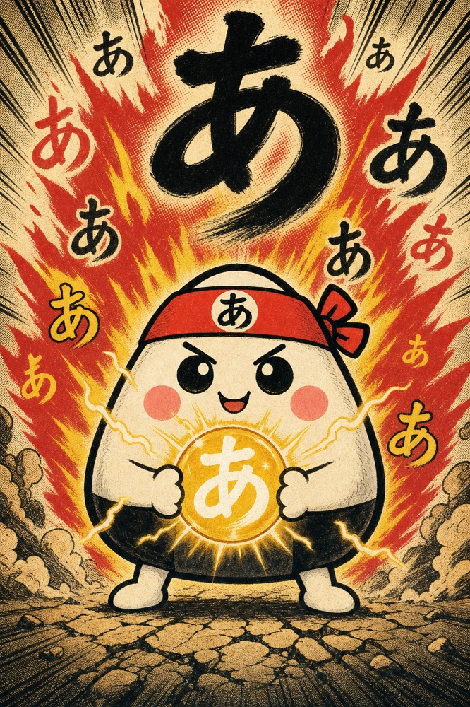 Oni, Kanapow's rice-ball mascot, charging up a glowing kana energy orb