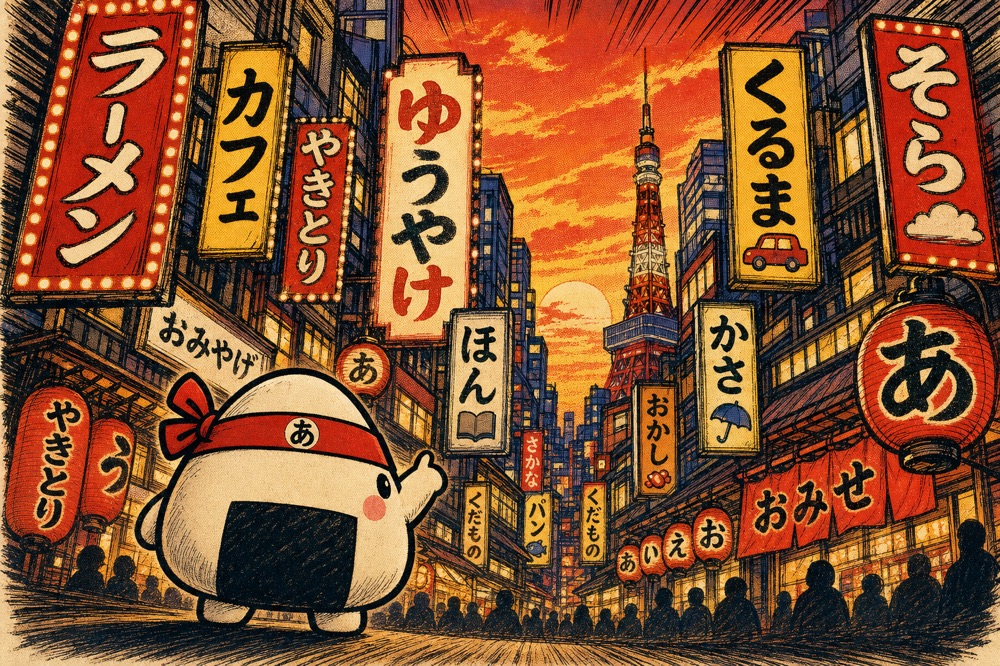Oni, Kanapow's rice-ball mascot, looking up at a neon Japanese street where every shop sign is labeled with its kana reading