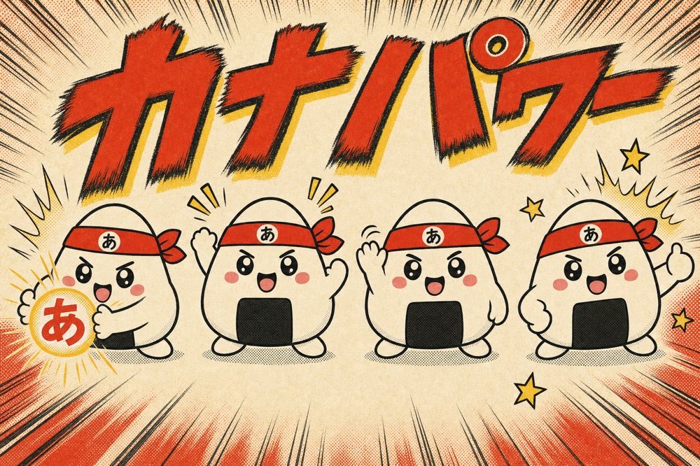 Oni, Kanapow's rice-ball mascot, shown in four poses — charging a kana orb, cheering, waving, and a fist-up battle stance — under a カナパワー banner